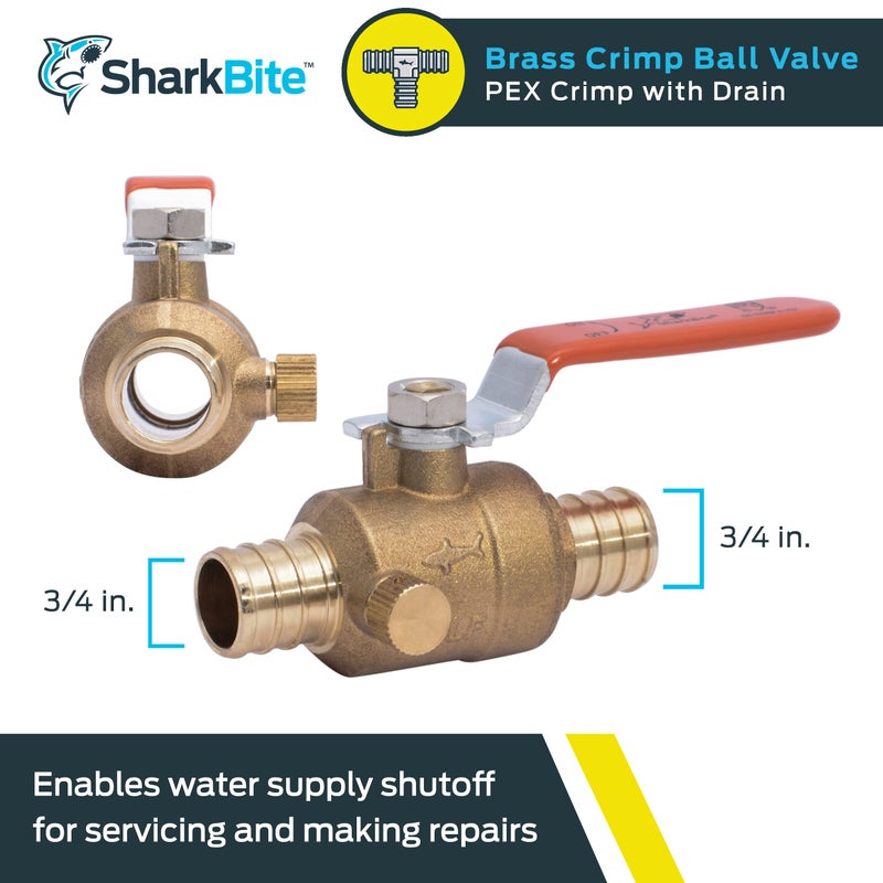 SharkBite 3/4 Inch Crimp Ball Valve with Drain, Brass Plumbing Fitting, PEX Pipe, PE-RT, 24613LFA - Image 2